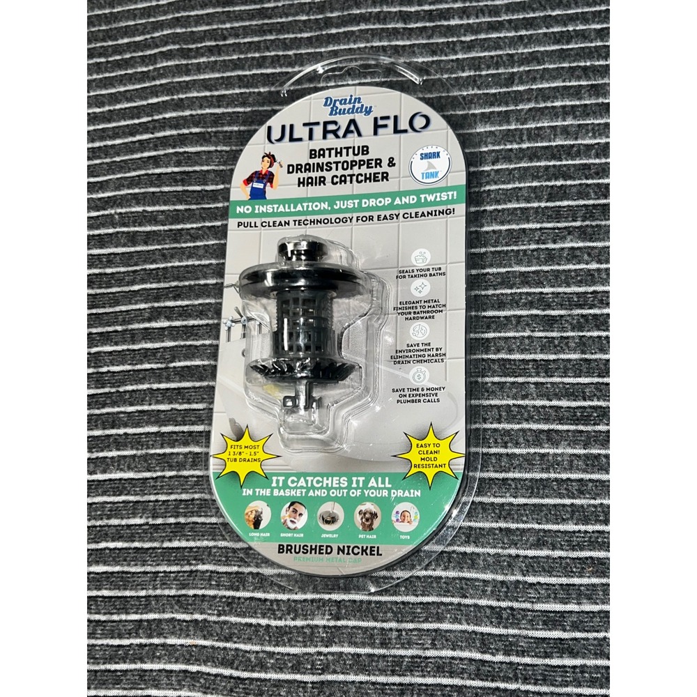 Drain Buddy Ultra Flo Bathtub Drain Stopper Hair Catcher Brushed Nickel BUF TUB